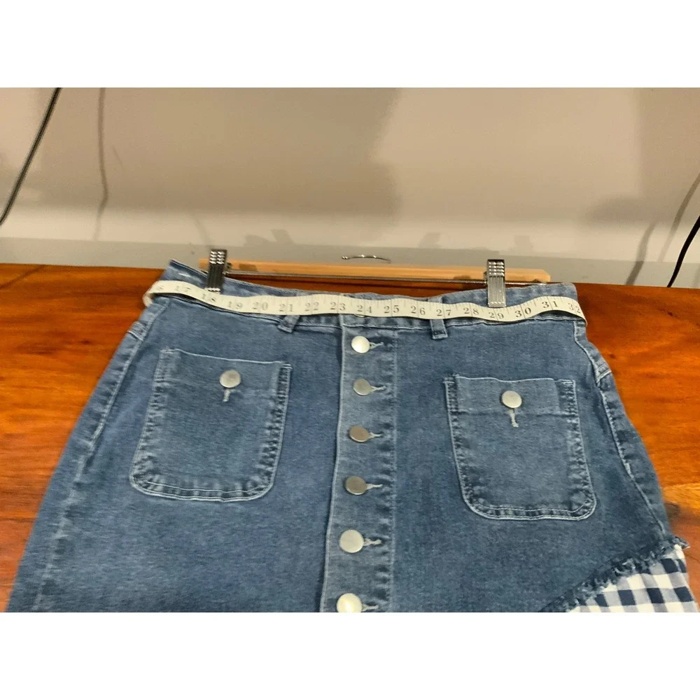 Blue Denim Gingham Mixed Media Asymmetrical Button Front Midi Skirt Cottagecore